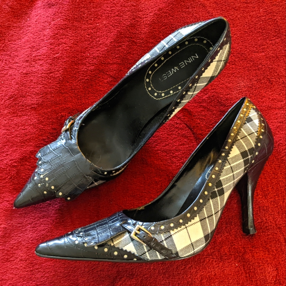 Nine West Black/White Plaid Croco Spectator Pumps. Sz 8M.
